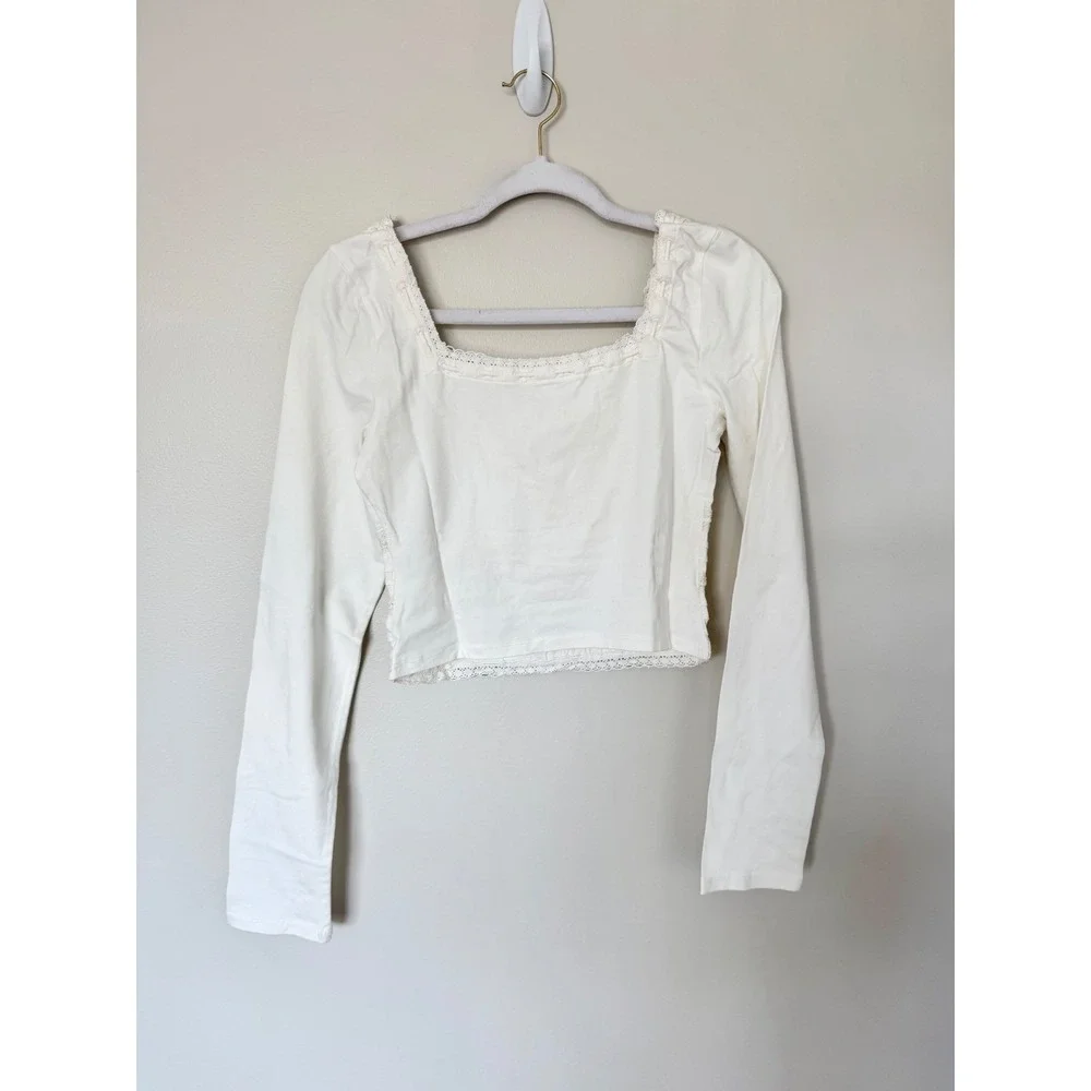 Free People Ivory Lace Trim Square Neck Scarlet Smocked Crop Top Size Small‎ NEW